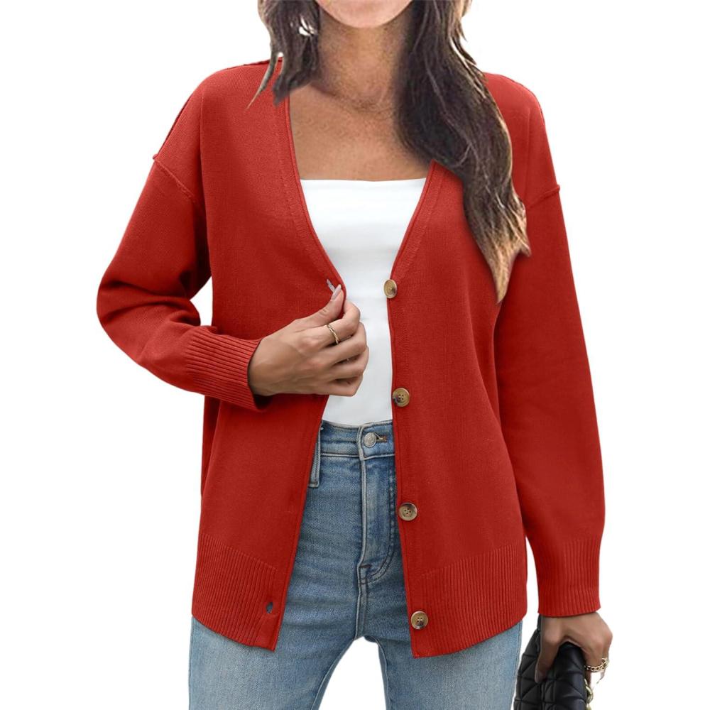 imageZeagoo Womens Oversized Button Cardigan Sweaters 2026 Fall Open Front Lightweight Cardigans V Neck Loose Knit OutwearRed