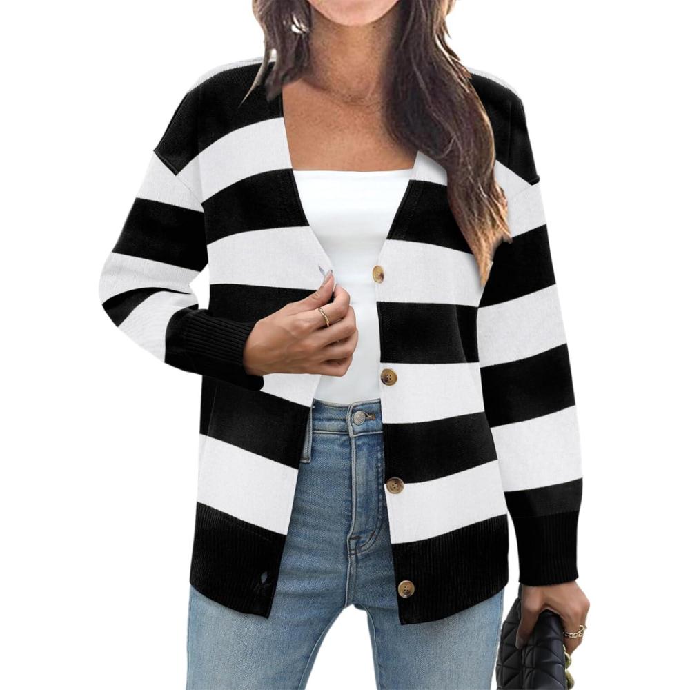 imageZeagoo Womens Oversized Button Cardigan Sweaters 2026 Fall Open Front Lightweight Cardigans V Neck Loose Knit OutwearStripes Black White