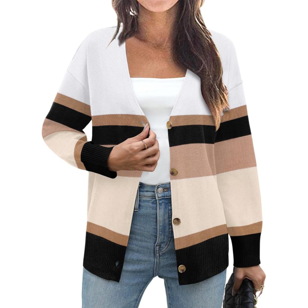 imageZeagoo Womens Oversized Button Cardigan Sweaters 2026 Fall Open Front Lightweight Cardigans V Neck Loose Knit OutwearWide Striped Khaki