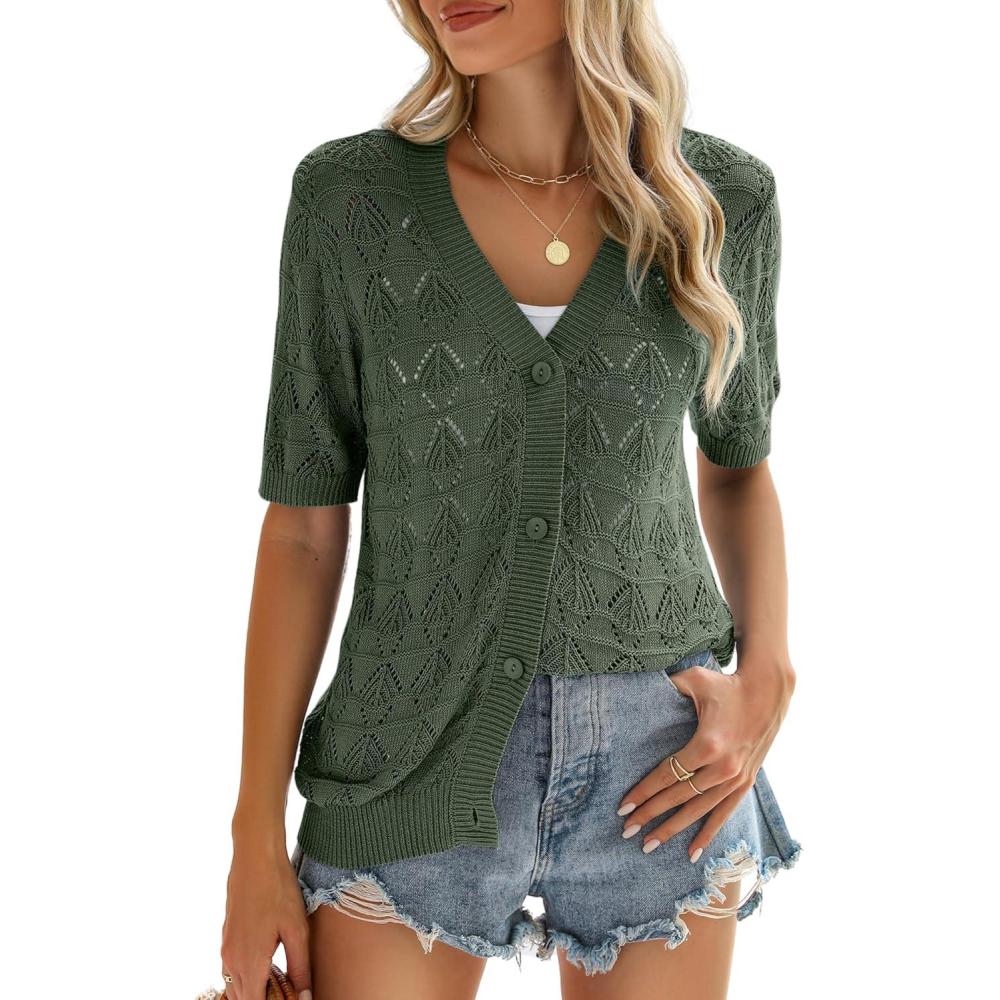 imageZeagoo Womens Short Sleeve 2026 Summer Crochet Cropped Cardigan V Neck Button up Bolero Shrug SweaterGreen