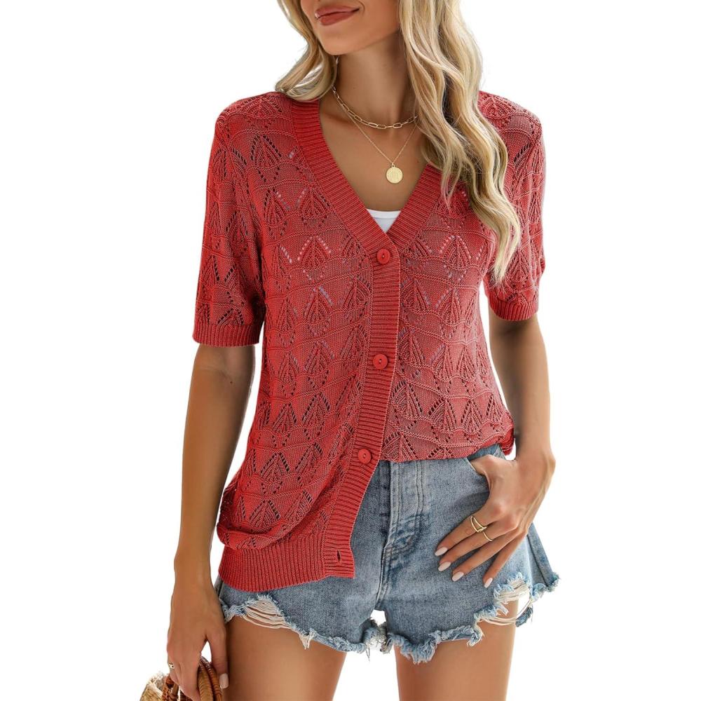 imageZeagoo Womens Short Sleeve 2026 Summer Crochet Cropped Cardigan V Neck Button up Bolero Shrug SweaterRed