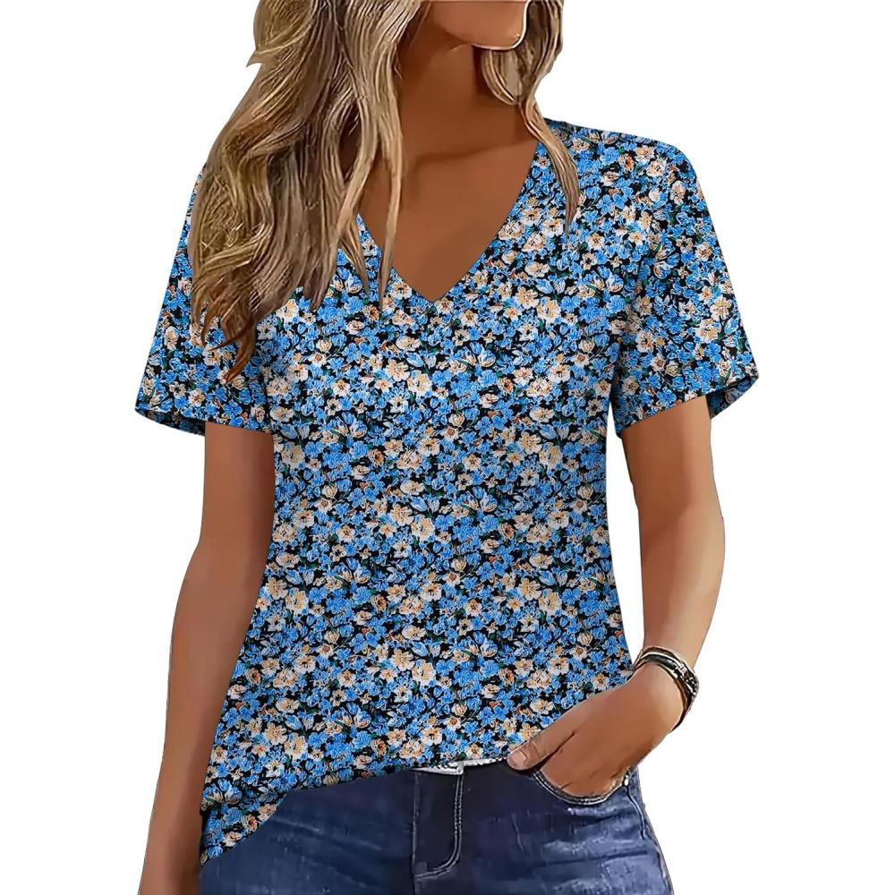 imageZeagoo Womens Short Sleeve Shirts for Summer Casual VNeck Blouse Shirts 2025 Dressy Tops with PleatsBlue Floral02
