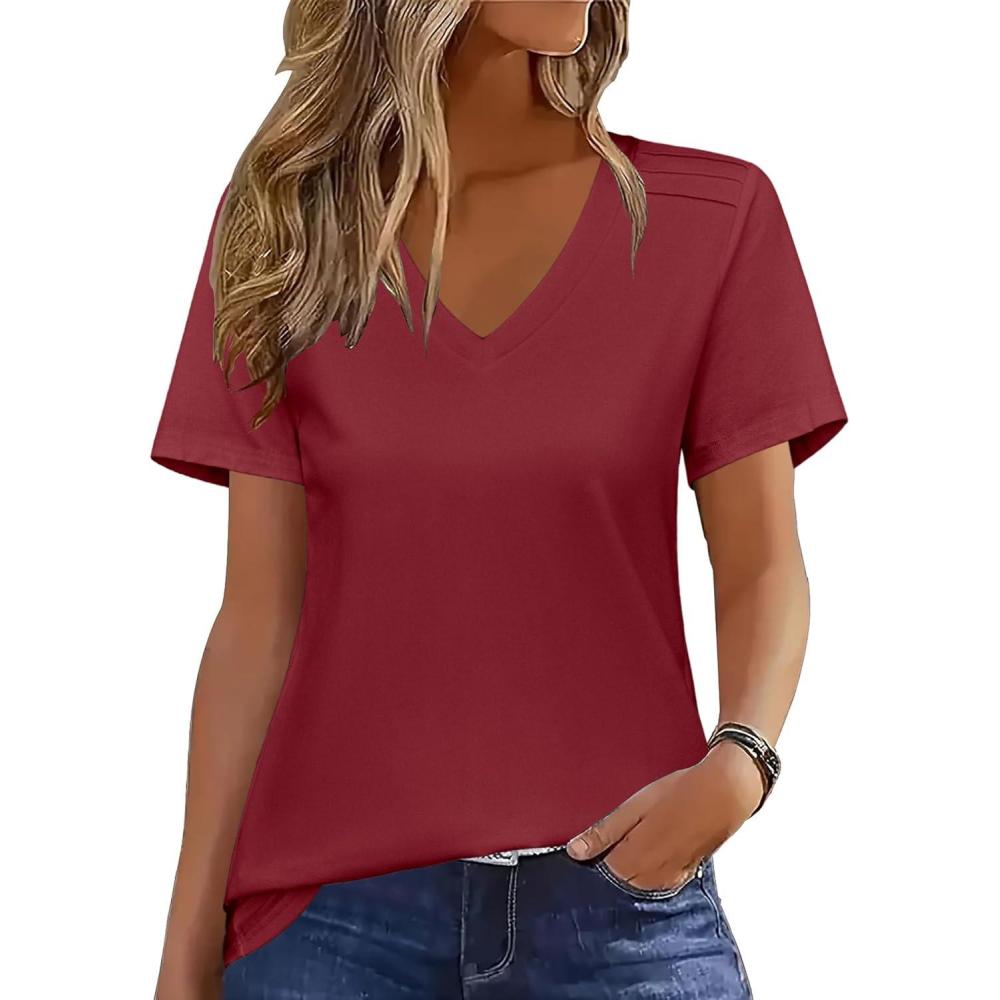 imageZeagoo Womens Short Sleeve Shirts for Summer Casual VNeck Blouse Shirts 2025 Dressy Tops with PleatsBurgundy