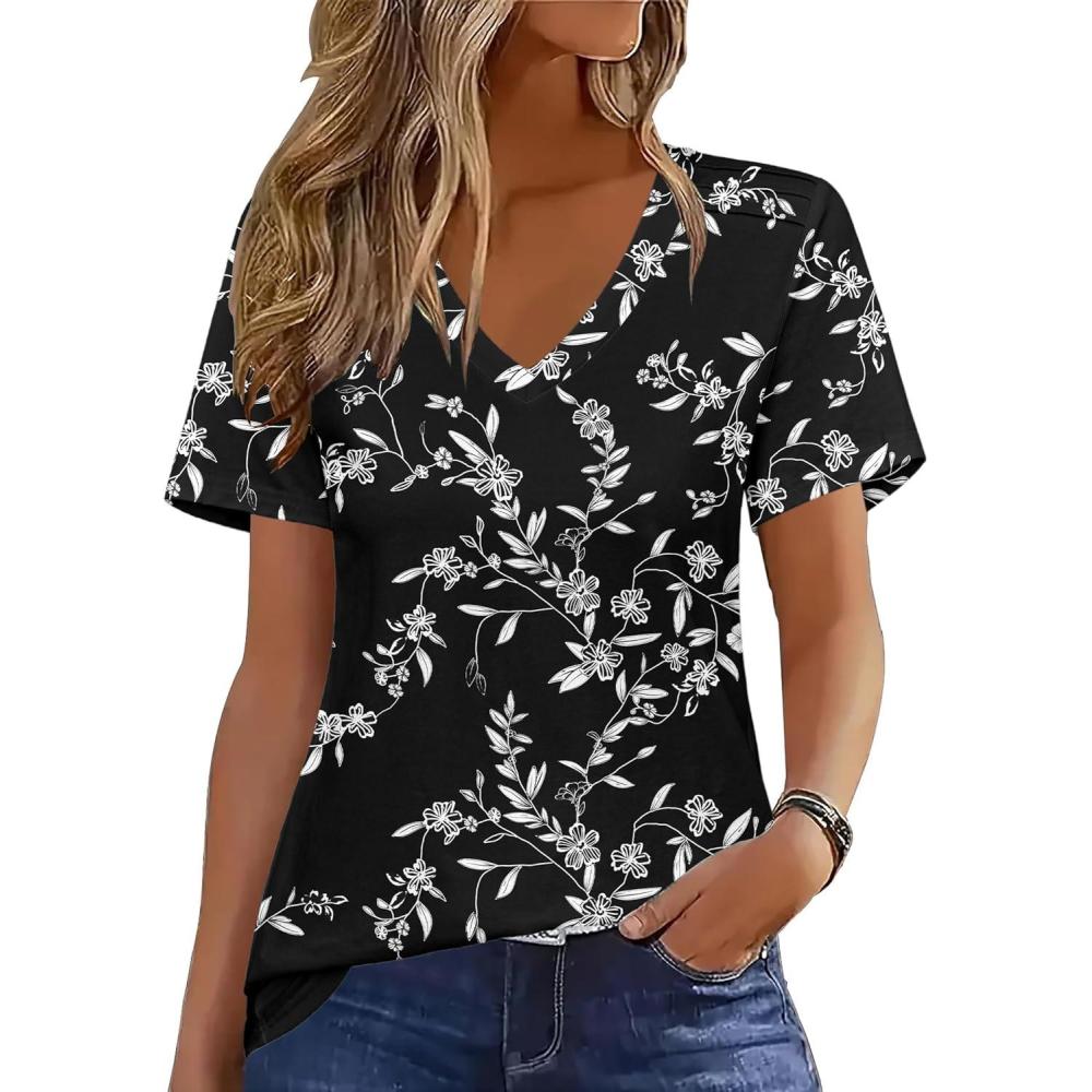 imageZeagoo Womens Short Sleeve Shirts for Summer Casual VNeck Blouse Shirts 2025 Dressy Tops with PleatsFlower10