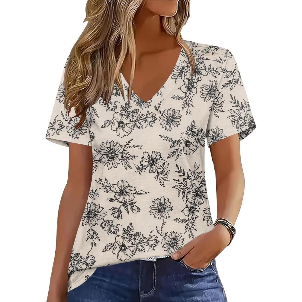 imageZeagoo Womens Short Sleeve Shirts for Summer Casual VNeck Blouse Shirts 2025 Dressy Tops with PleatsFlower13