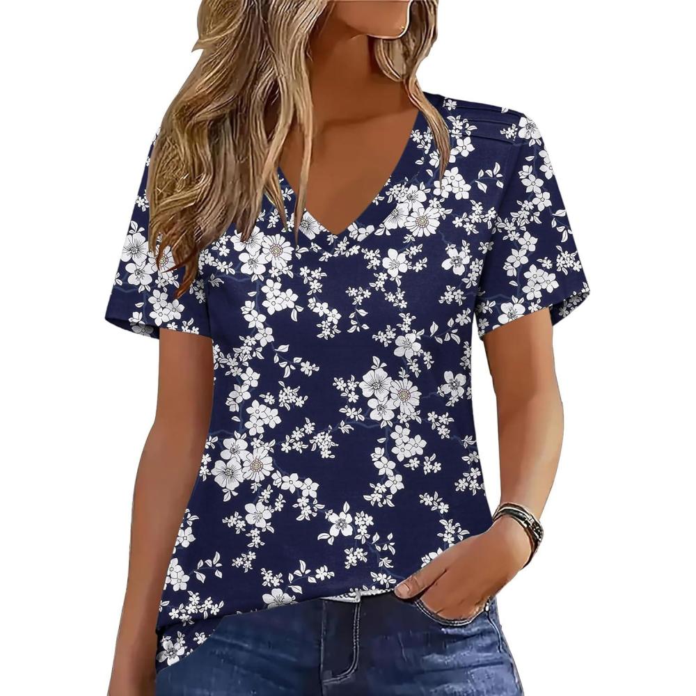 imageZeagoo Womens Short Sleeve Shirts for Summer Casual VNeck Blouse Shirts 2025 Dressy Tops with PleatsFlower4