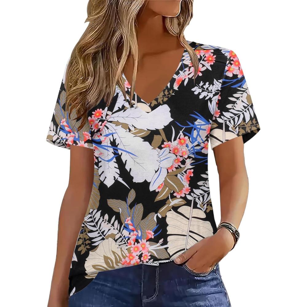 imageZeagoo Womens Short Sleeve Shirts for Summer Casual VNeck Blouse Shirts 2025 Dressy Tops with PleatsFlower8