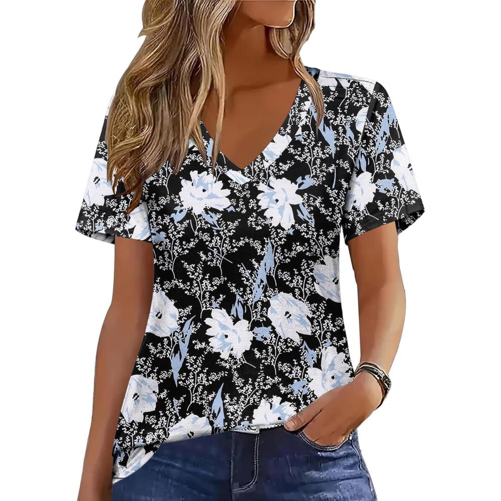 imageZeagoo Womens Short Sleeve Shirts for Summer Casual VNeck Blouse Shirts 2025 Dressy Tops with PleatsFlower9