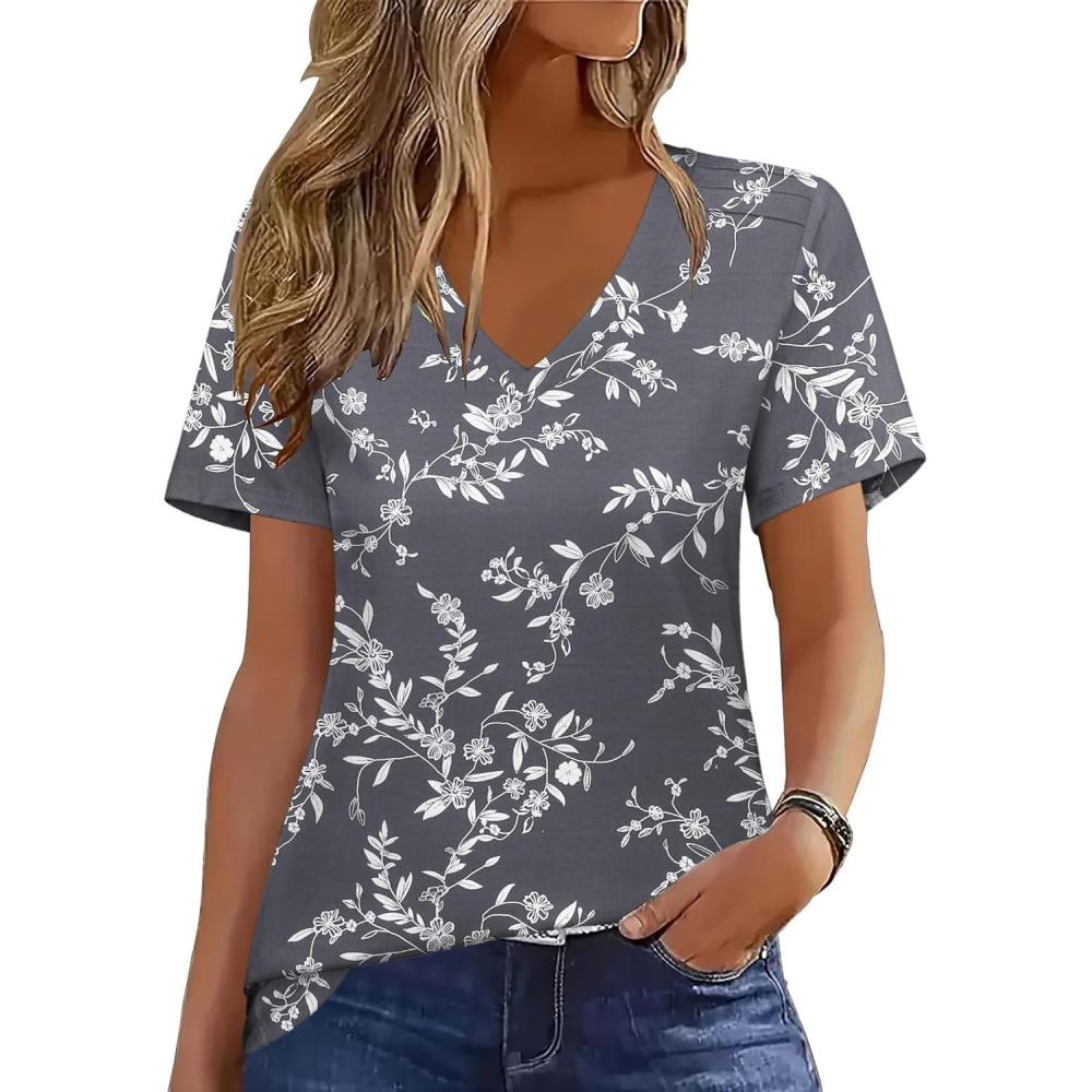 imageZeagoo Womens Short Sleeve Shirts for Summer Casual VNeck Blouse Shirts 2025 Dressy Tops with PleatsGrey Floral