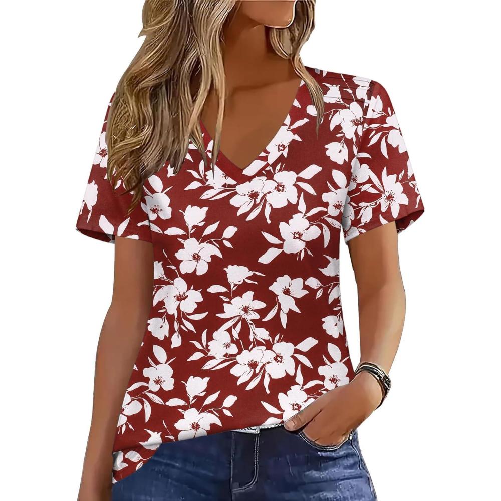 imageZeagoo Womens Short Sleeve Shirts for Summer Casual VNeck Blouse Shirts 2025 Dressy Tops with PleatsRed Floral