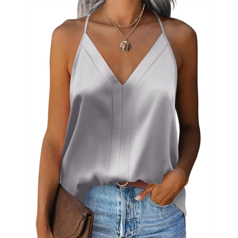 imageZeagoo Womens Silk Satin Tank Tops V Neck Sleeveless Camisole Cami Spaghetti Straps Blouse Summer Loose Racerback ShirtGrey