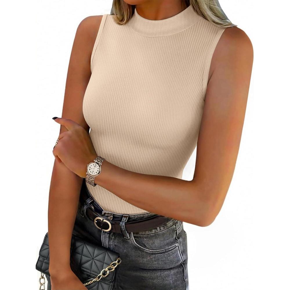 imageZeagoo Womens Sleeveless Mock Turtleneck Tank Tops Slim Fit Stretch Ribbed Tops Casual Basic Layering Shirts 2026Beige