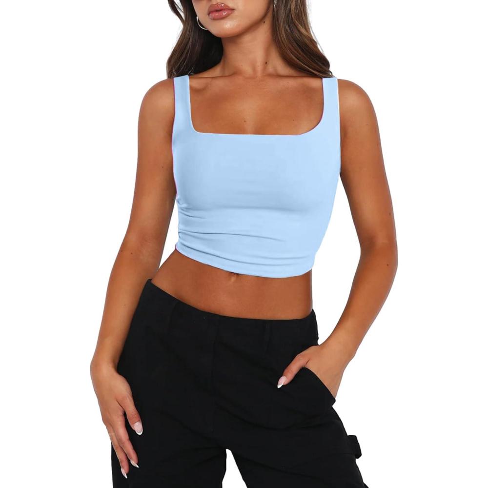 imageZeagoo Womens Sleeveless Square Neck Casual Basic Crop Tank Top Light Blue Small