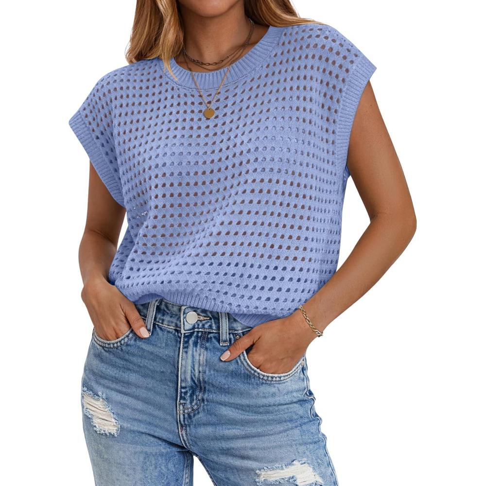 imageZeagoo Womens Spring Summer Crochet Tops Cap Sleeve Sweater Vest Hollow Out Pullover Shirts Beach Vacation ClothesBlue