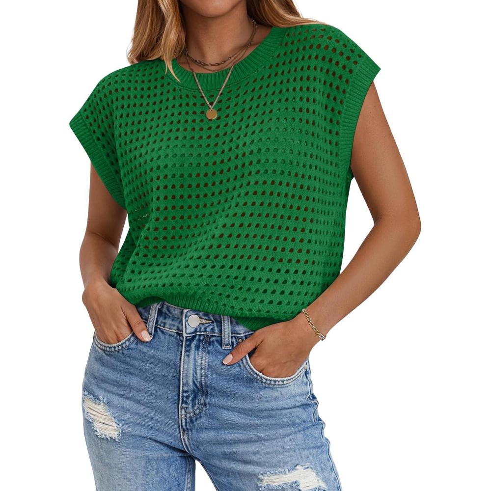 imageZeagoo Womens Spring Summer Crochet Tops Cap Sleeve Sweater Vest Hollow Out Pullover Shirts Beach Vacation ClothesGreen