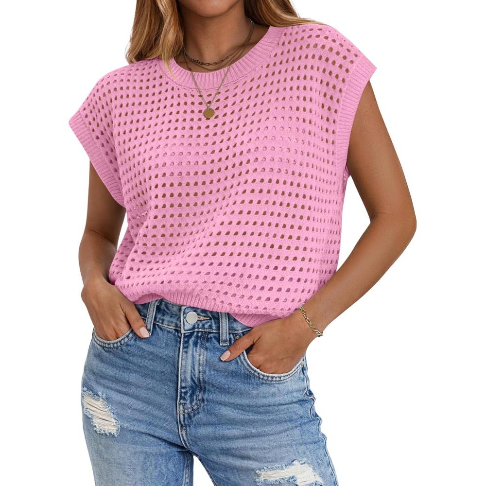 imageZeagoo Womens Spring Summer Crochet Tops Cap Sleeve Sweater Vest Hollow Out Pullover Shirts Beach Vacation ClothesPink