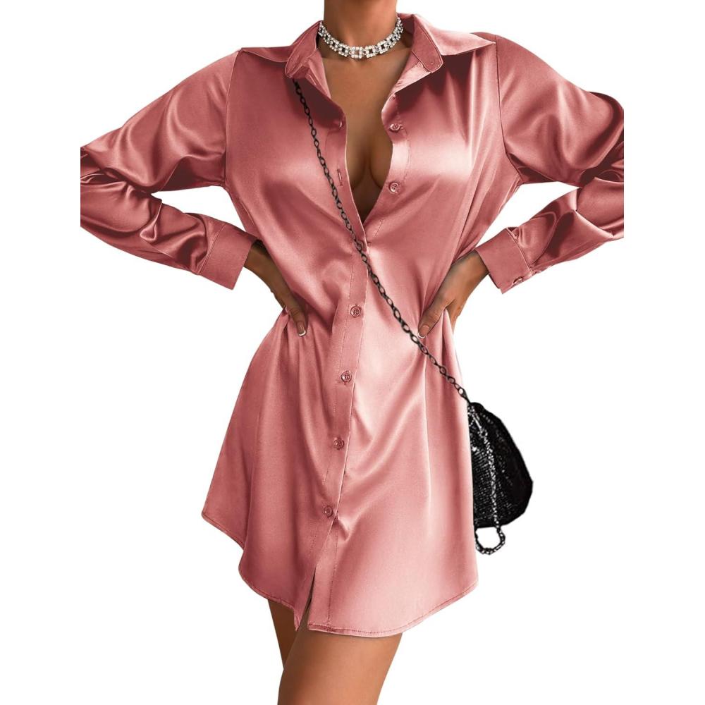imageZeagoo Womens Stain Long Sleeve Dress Button Down Shirts Tunic Dresses Casual VNeck Mini Dress with BeltDeep Pink