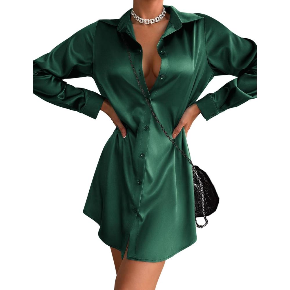 imageZeagoo Womens Stain Long Sleeve Dress Button Down Shirts Tunic Dresses Casual VNeck Mini Dress with BeltGreen