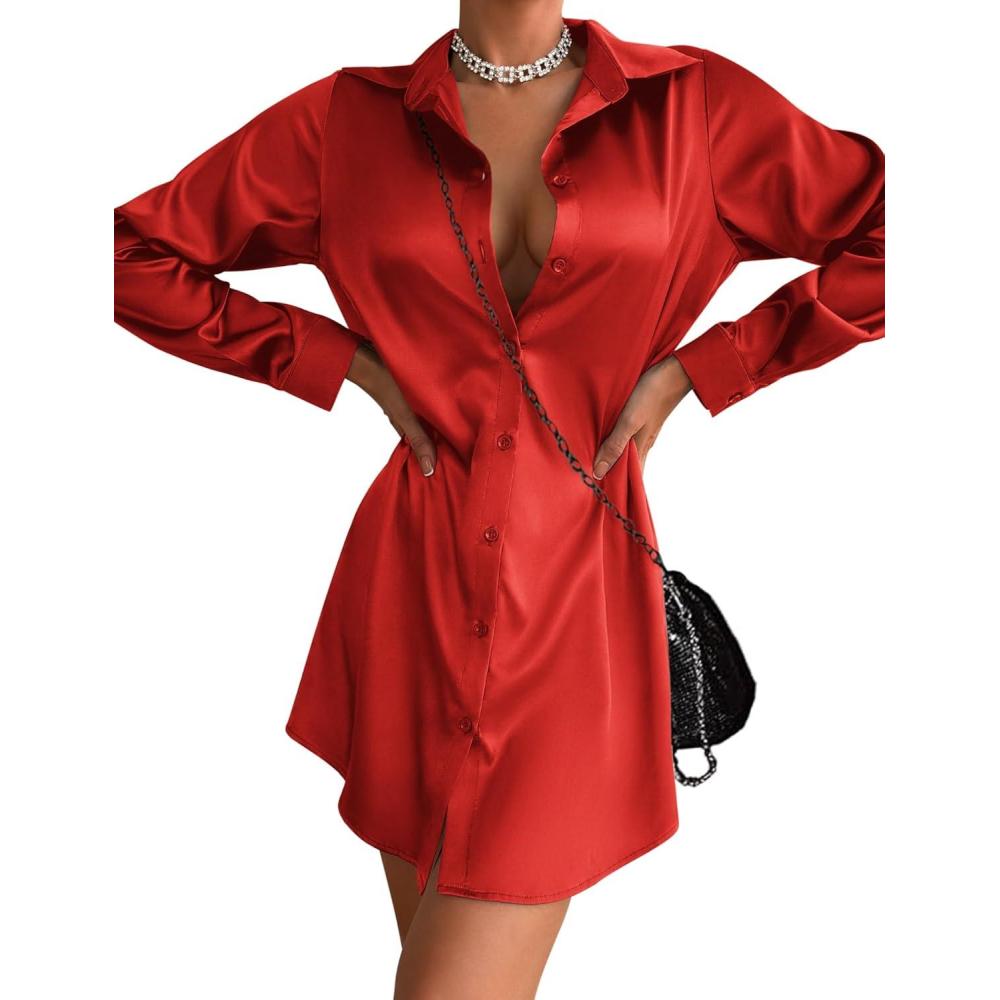 imageZeagoo Womens Stain Long Sleeve Dress Button Down Shirts Tunic Dresses Casual VNeck Mini Dress with BeltRed