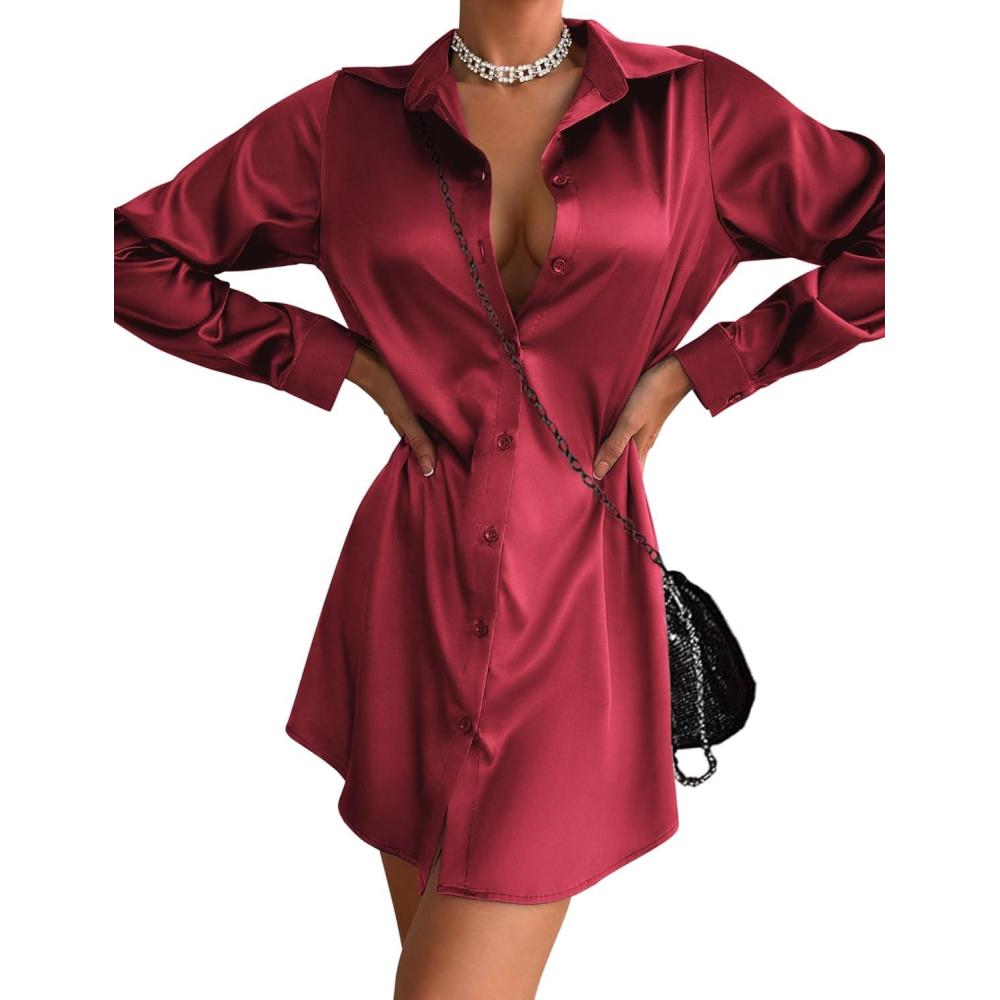 imageZeagoo Womens Stain Long Sleeve Dress Button Down Shirts Tunic Dresses Casual VNeck Mini Dress with BeltWine Red