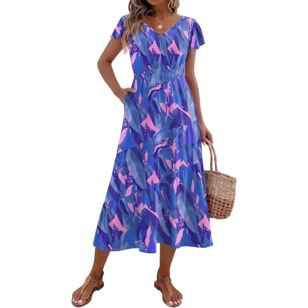 imageZeagoo Womens Summer Casual Dress Flutter Short Sleeve V Neck Button Down Tiered Flowy Long Dress with PocketsBlue Floral