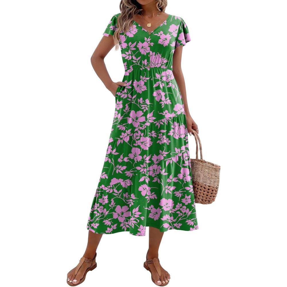 imageZeagoo Womens Summer Casual Dress Flutter Short Sleeve V Neck Button Down Tiered Flowy Long Dress with PocketsDh594