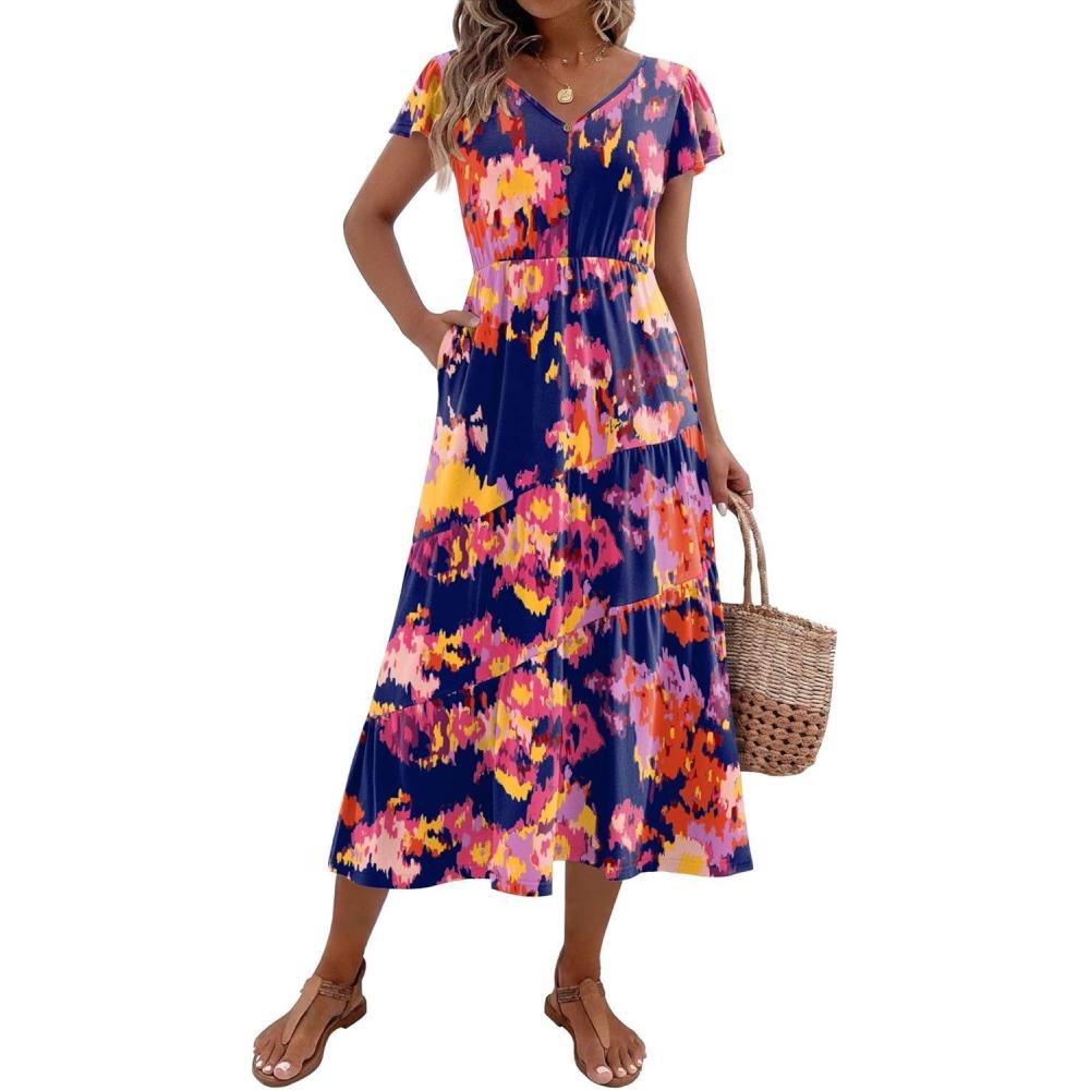 imageZeagoo Womens Summer Casual Dress Flutter Short Sleeve V Neck Button Down Tiered Flowy Long Dress with PocketsFloral1