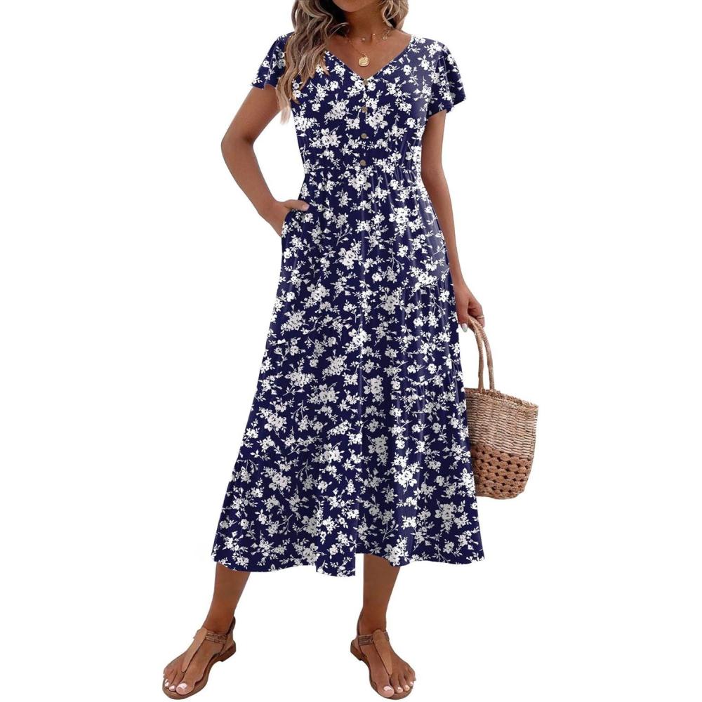 imageZeagoo Womens Summer Casual Dress Flutter Short Sleeve V Neck Button Down Tiered Flowy Long Dress with PocketsFloralxh445