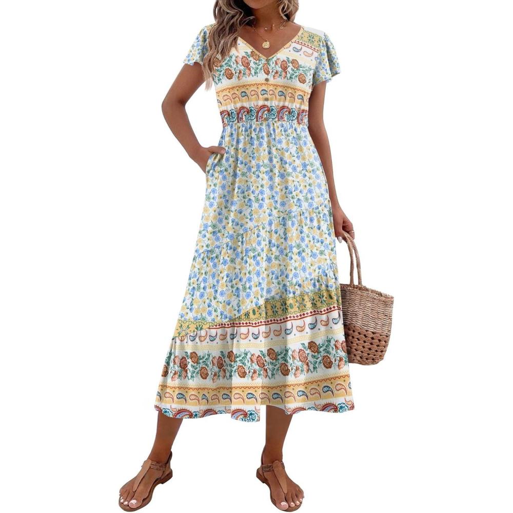 imageZeagoo Womens Summer Casual Dress Flutter Short Sleeve V Neck Button Down Tiered Flowy Long Dress with PocketsFloralxh446