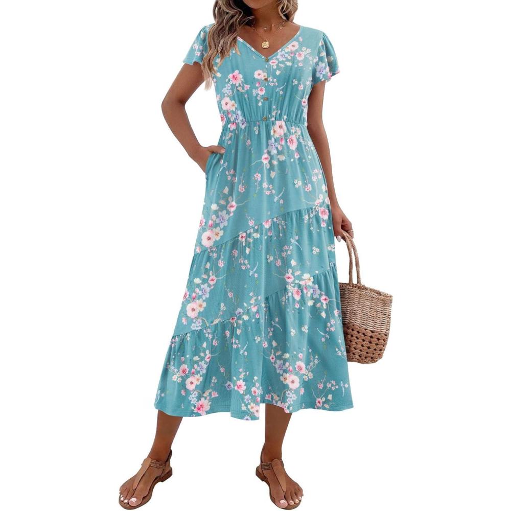 imageZeagoo Womens Summer Casual Dress Flutter Short Sleeve V Neck Button Down Tiered Flowy Long Dress with PocketsFloralzw774
