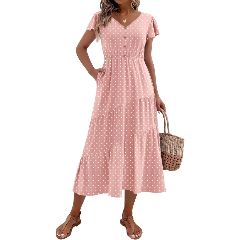 imageZeagoo Womens Summer Casual Dress Flutter Short Sleeve V Neck Button Down Tiered Flowy Long Dress with PocketsPink Polka Dot
