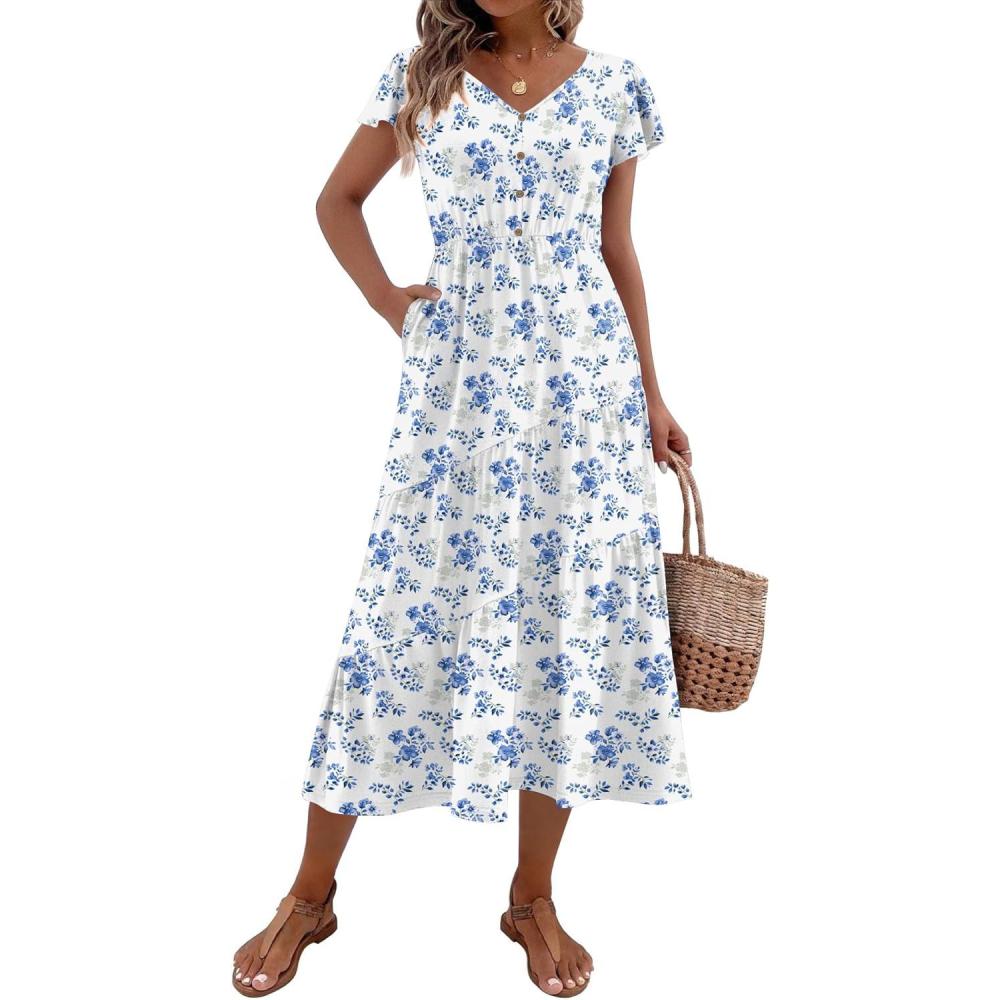 imageZeagoo Womens Summer Casual Dress Flutter Short Sleeve V Neck Button Down Tiered Flowy Long Dress with PocketsXh419