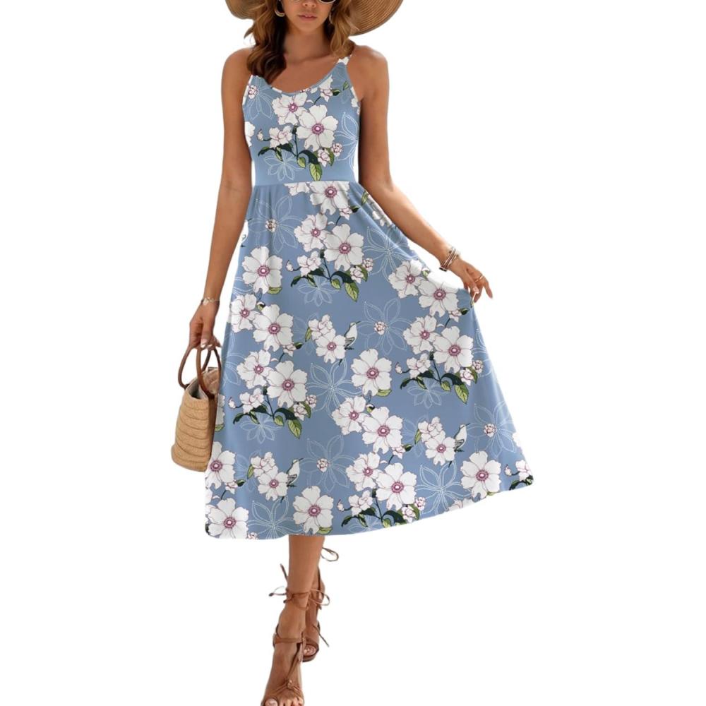 imageZeagoo Womens Summer Dress Casual Flutter Boho Floral V Neck Flowy Midi ALine Beach Vacation Sundresses with PocketsBlue Floral 03