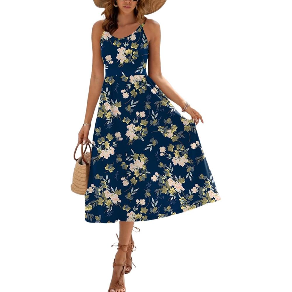 imageZeagoo Womens Summer Dress Casual Flutter Boho Floral V Neck Flowy Midi ALine Beach Vacation Sundresses with PocketsNavy Floral 01