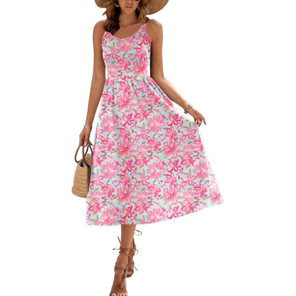 imageZeagoo Womens Summer Dress Casual Flutter Boho Floral V Neck Flowy Midi ALine Beach Vacation Sundresses with PocketsPink Floral 02