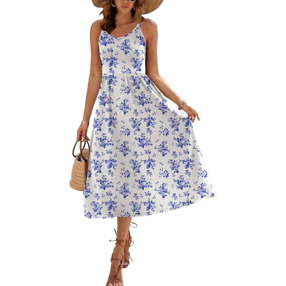 imageZeagoo Womens Summer Dress Casual Flutter Boho Floral V Neck Flowy Midi ALine Beach Vacation Sundresses with PocketsWhite Blue Floral