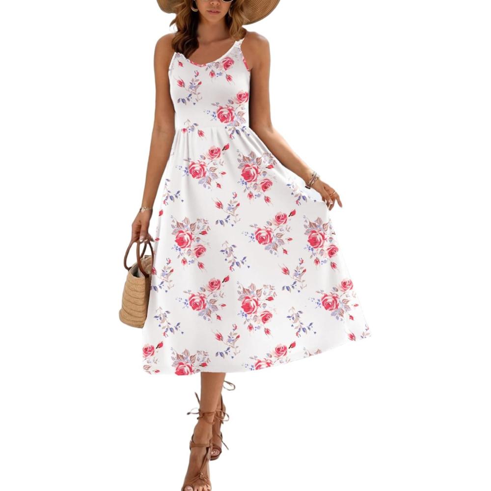 imageZeagoo Womens Summer Dress Casual Flutter Boho Floral V Neck Flowy Midi ALine Beach Vacation Sundresses with PocketsWhite Floral