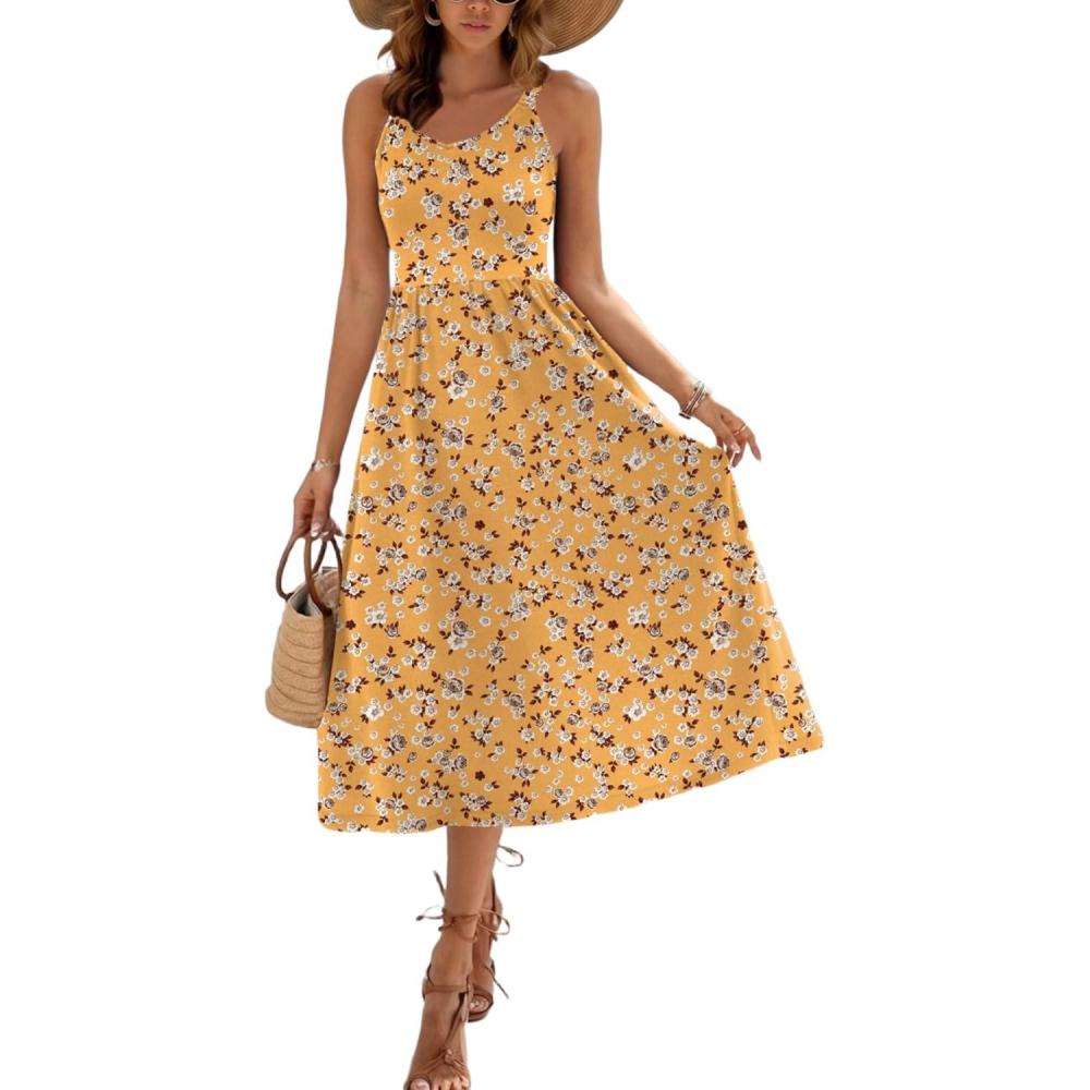 imageZeagoo Womens Summer Dress Casual Flutter Boho Floral V Neck Flowy Midi ALine Beach Vacation Sundresses with PocketsYellow