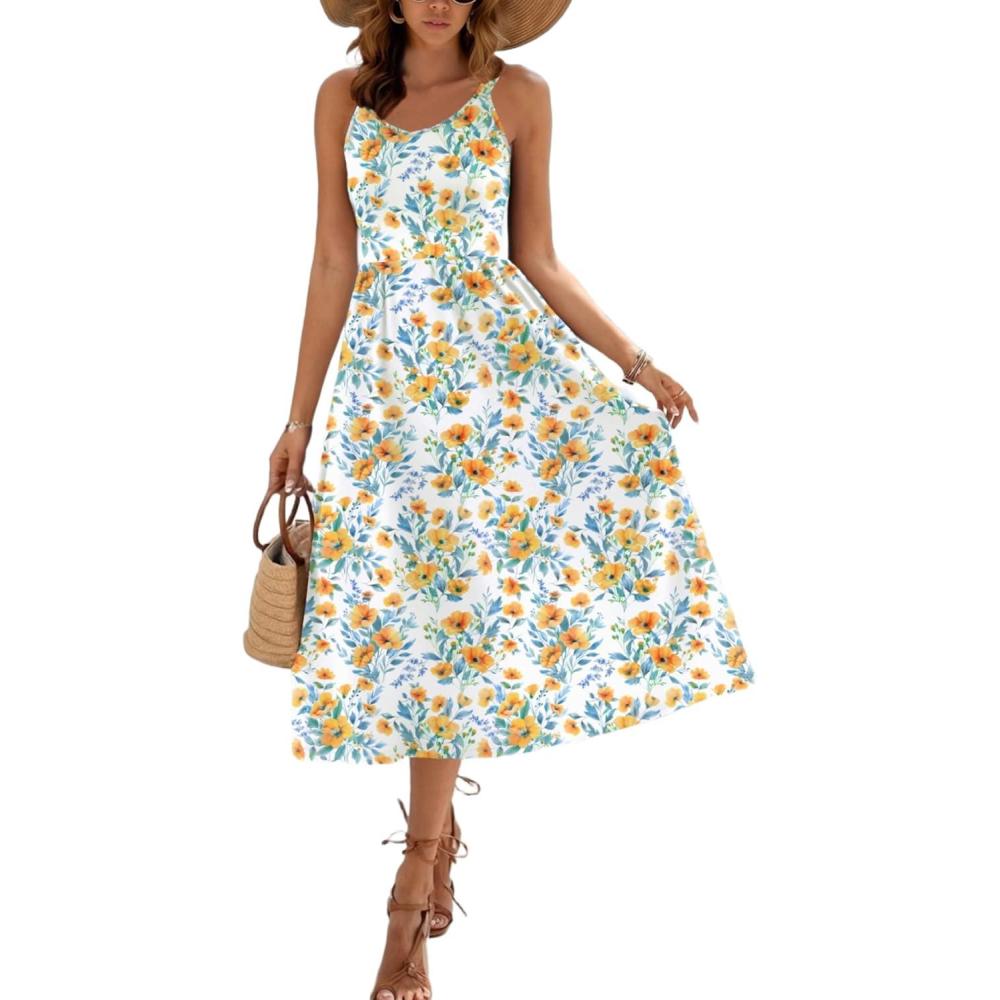 imageZeagoo Womens Summer Dress Casual Flutter Boho Floral V Neck Flowy Midi ALine Beach Vacation Sundresses with PocketsYellow Blue Floral