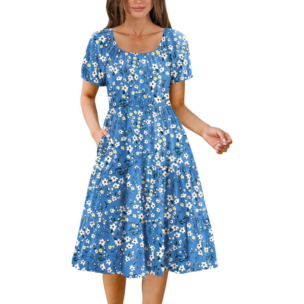 imageZeagoo Womens Summer Dress Casual Puff Sleeve Square Neck Midi Dresses Tiered Beach Vacation ALine Sundress with Pockets01floral