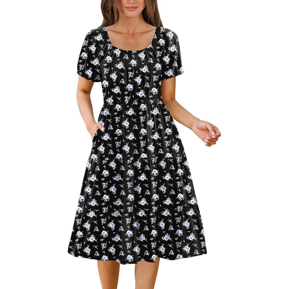 imageZeagoo Womens Summer Dress Casual Puff Sleeve Square Neck Midi Dresses Tiered Beach Vacation ALine Sundress with PocketsBlack Floral 1