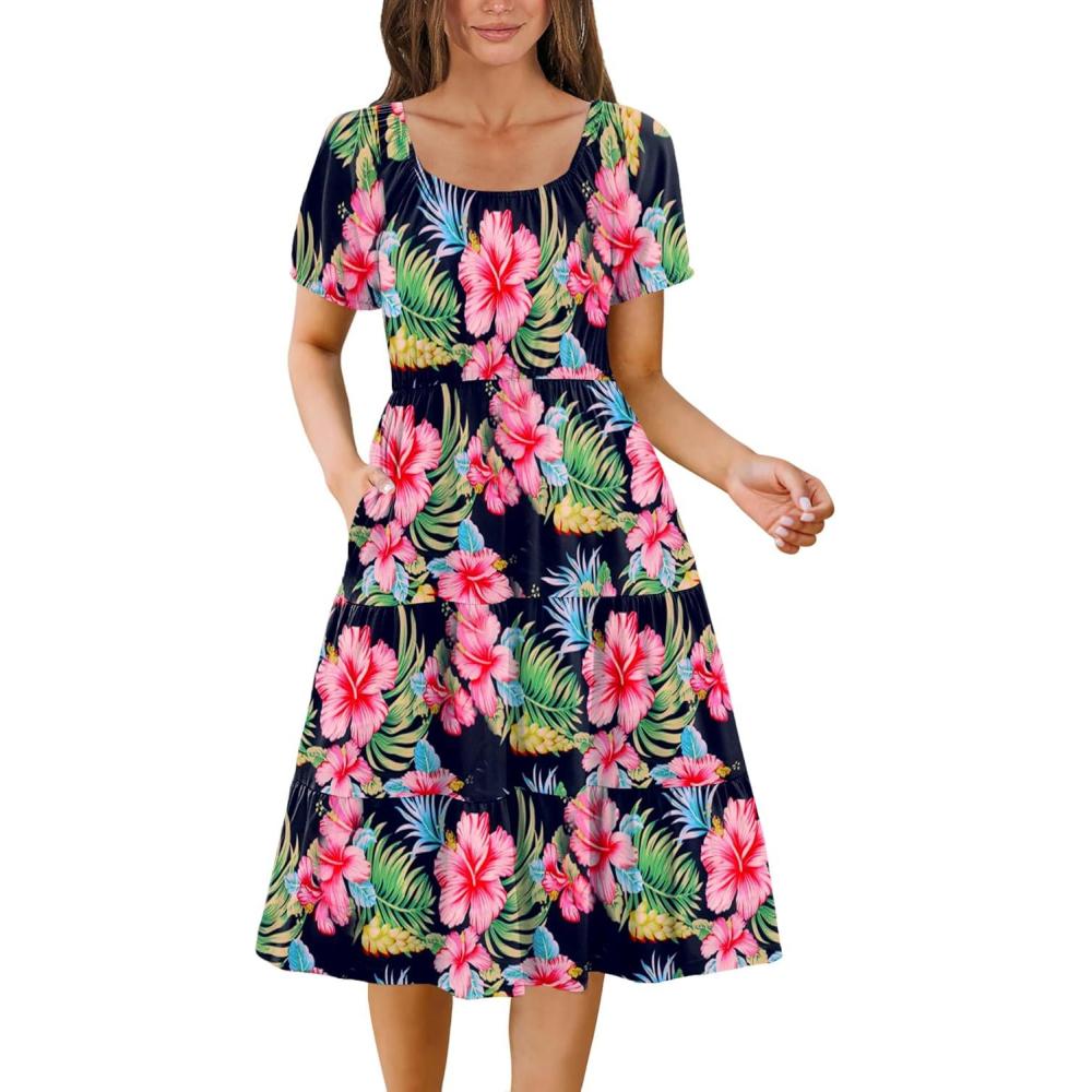 imageZeagoo Womens Summer Dress Casual Puff Sleeve Square Neck Midi Dresses Tiered Beach Vacation ALine Sundress with PocketsPink Green Floral