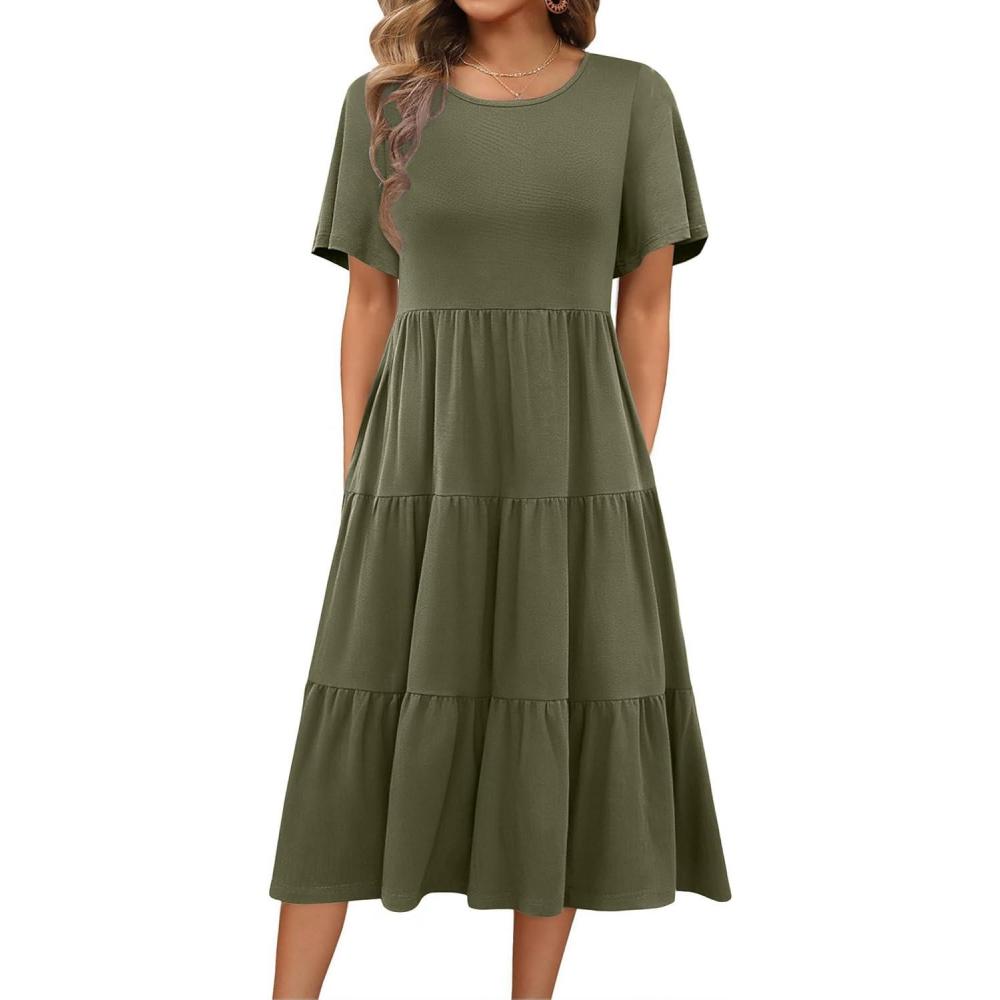 imageZeagoo Womens Summer Dress Midi Floral Flutter Short Sleeve Casual Dresses with Pockets Tiered Flowy Boho Beach DressArmy Green
