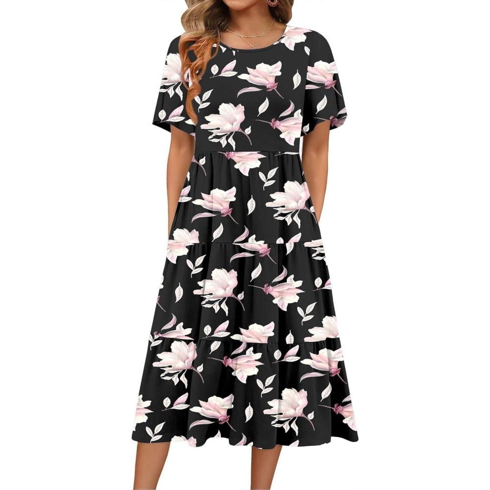 imageZeagoo Womens Summer Dress Midi Floral Flutter Short Sleeve Casual Dresses with Pockets Tiered Flowy Boho Beach DressFloral Black