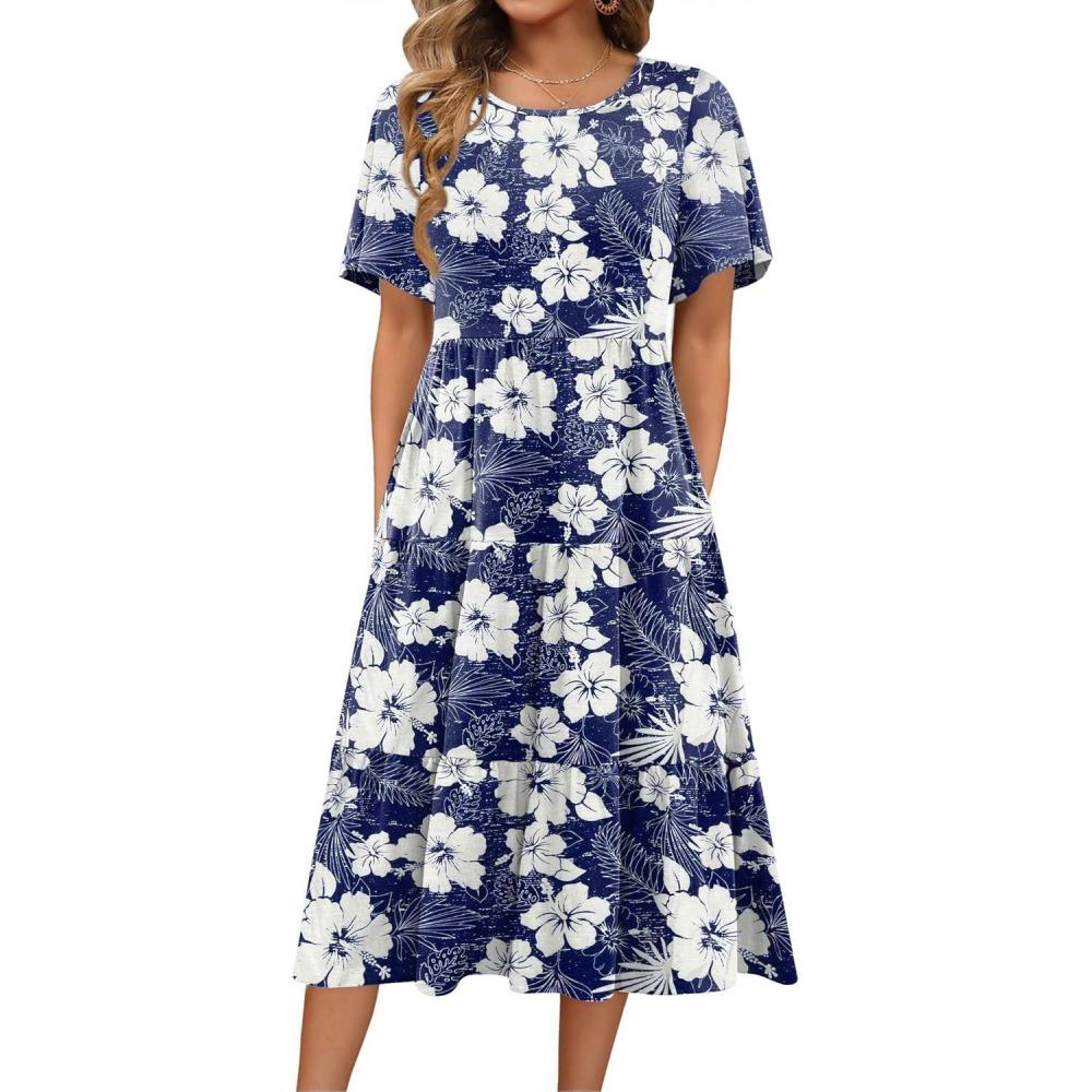 imageZeagoo Womens Summer Dress Midi Floral Flutter Short Sleeve Casual Dresses with Pockets Tiered Flowy Boho Beach DressFloral Blue