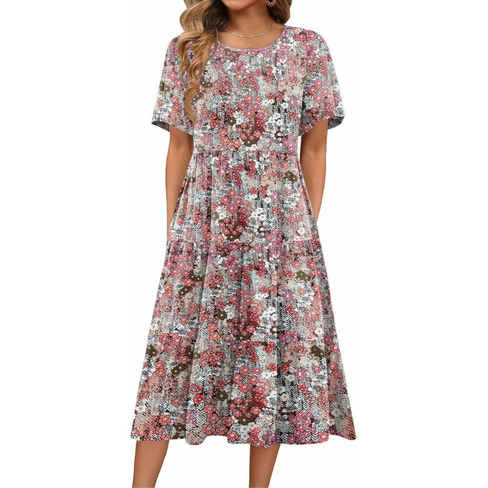 imageZeagoo Womens Summer Dress Midi Floral Flutter Short Sleeve Casual Dresses with Pockets Tiered Flowy Boho Beach DressFloral Pink