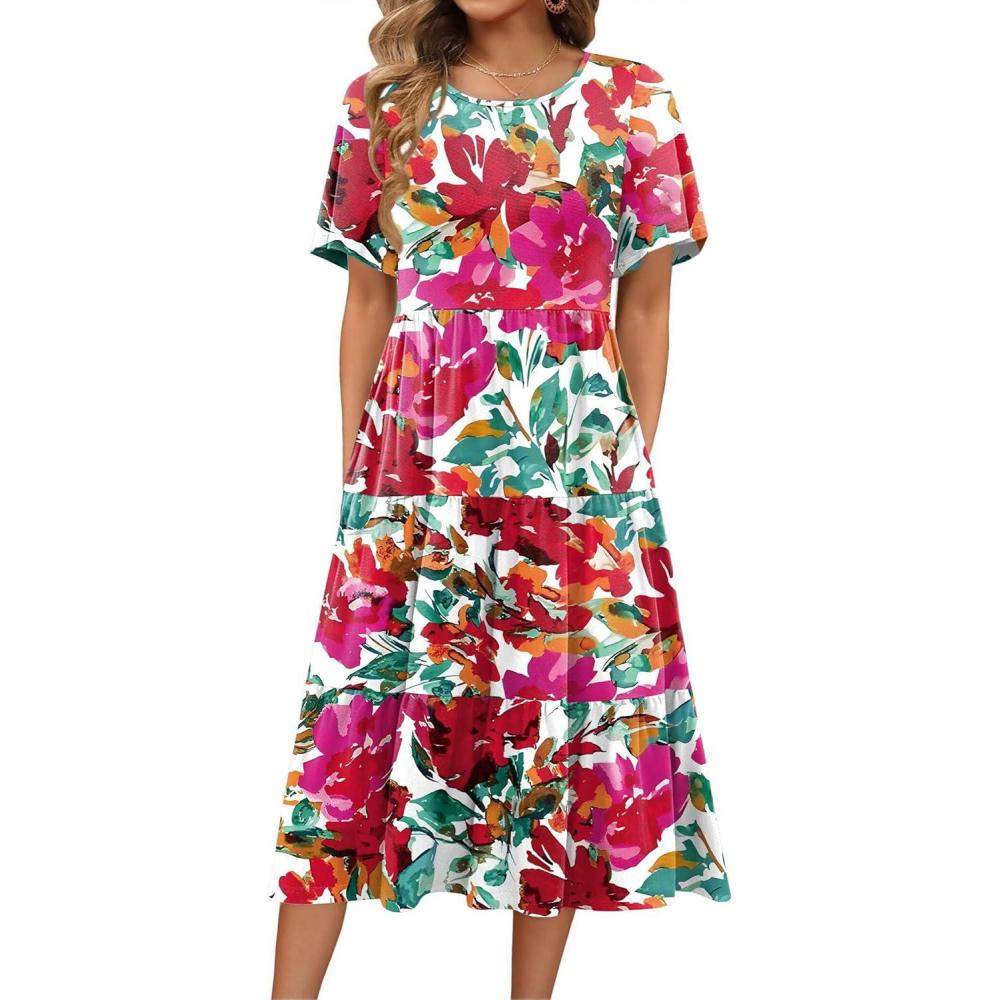 imageZeagoo Womens Summer Dress Midi Floral Flutter Short Sleeve Casual Dresses with Pockets Tiered Flowy Boho Beach DressFloral Printed