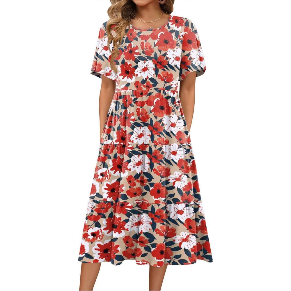 imageZeagoo Womens Summer Dress Midi Floral Flutter Short Sleeve Casual Dresses with Pockets Tiered Flowy Boho Beach DressFloral Red