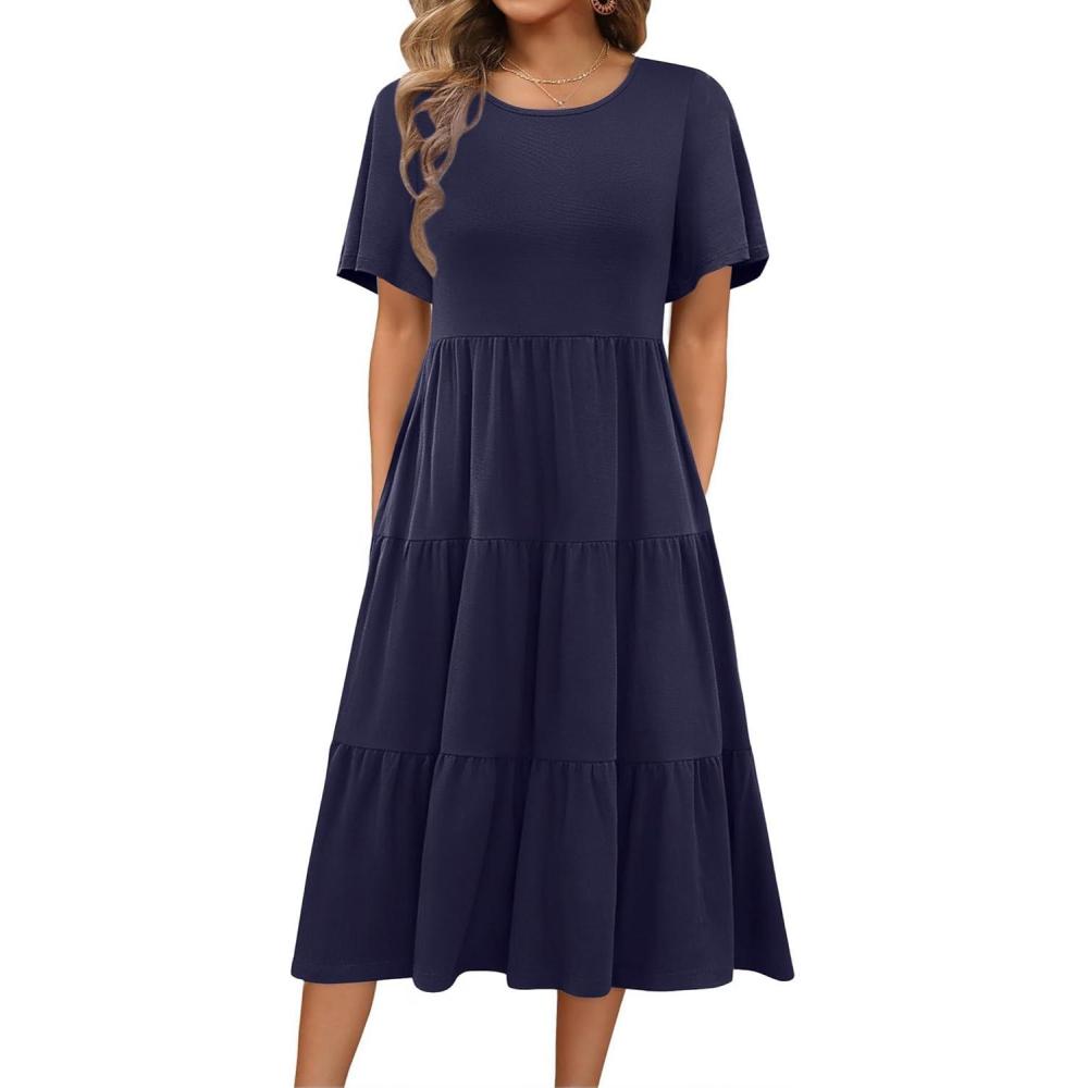 imageZeagoo Womens Summer Dress Midi Floral Flutter Short Sleeve Casual Dresses with Pockets Tiered Flowy Boho Beach DressNavy Blue