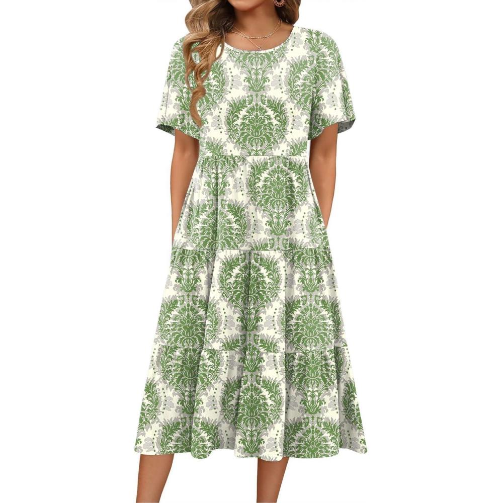 imageZeagoo Womens Summer Dress Midi Floral Flutter Short Sleeve Casual Dresses with Pockets Tiered Flowy Boho Beach DressPrinted Green